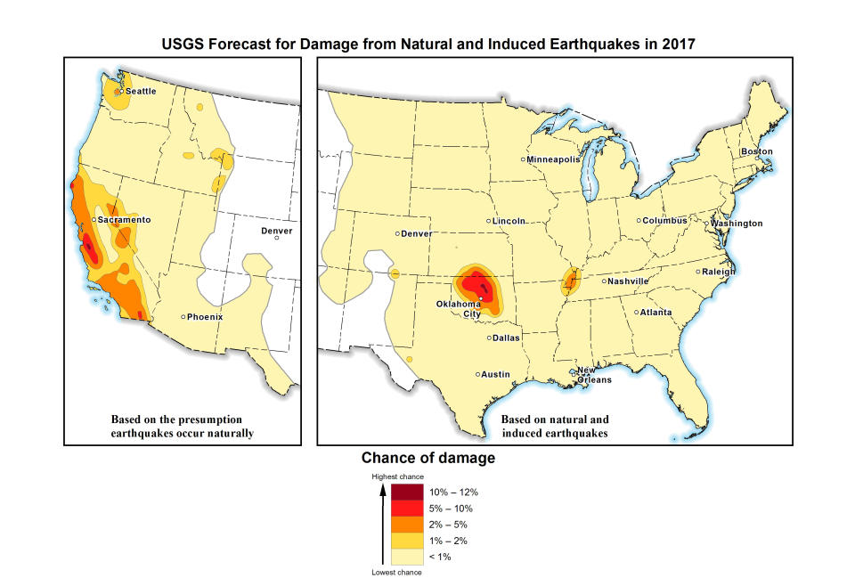 In this image provided by the U.S. Geological Survey, the USGS's 2107 earthquake forecast map. Federal scientists forecast that Oklahoma will continue to have the nation's biggest man-made earthquake problem but it probably won't be as shaky as recent years. In its annual national earthquake outlook, the USGS reported Wednesday, March 1, 2017, that a large portion of Oklahoma and parts of central California have the highest risk for a damaging quake this year: between 5 and 12 percent. The outlook is published in the journal Seismological Research Letters. (U.S. Geological Survey via AP)