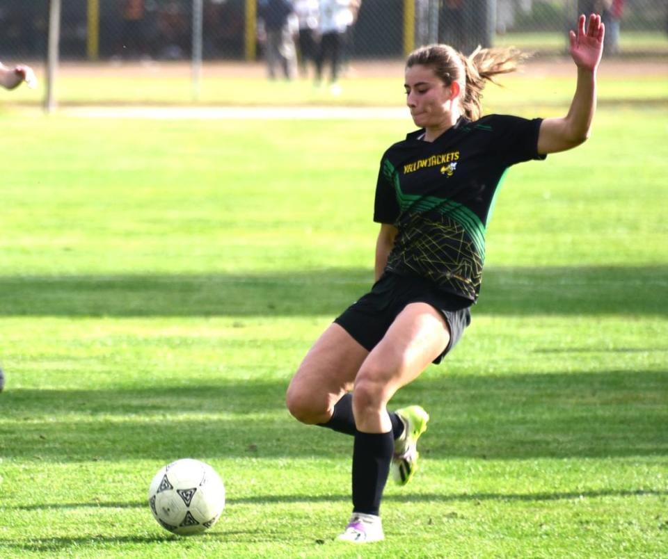 Hilmar High junior Lilly Brewer (17) looks to pass against University Prep during the Northern California Regional Division V semifinal match on Thursday, Feb. 29, 2024 at Hilmar High School.