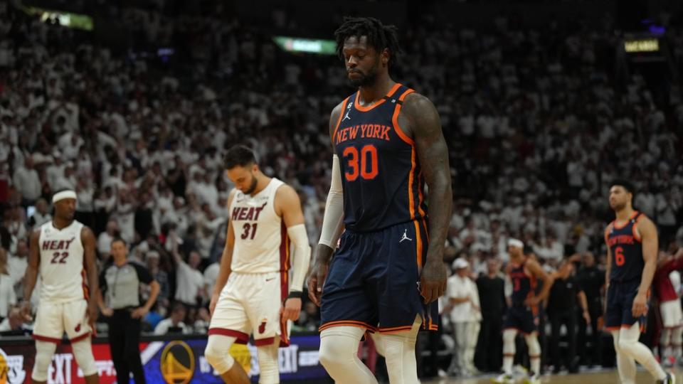 May 12, 2023; Miami, Florida, USA; New York Knicks forward Julius Randle (30) walks up the court as the Miami Heat heat to the free throw line late in the fourth quarter during game six of the 2023 NBA playoffs at Kaseya Center.