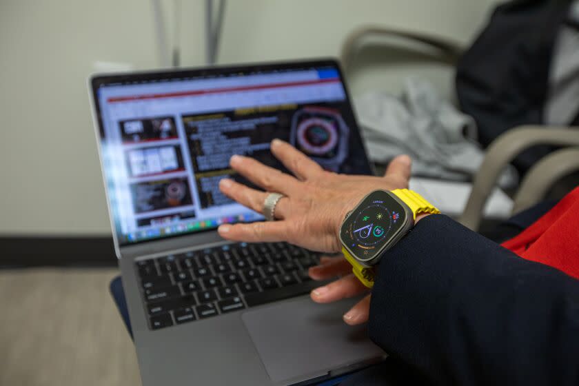 Los Angeles, CA - January 17: Detail of Dr. Leslie Saxon's watch as she speaks with Los Angeles Times columnist Steve Lopez on Tuesday, Jan. 17, 2023, in Los Angeles, CA. Dr. Leslie Saxon is Steve's cardiologist after he went into cardiac arrest 10 years ago and was resuscitated. Dr. Saxon examined Lopez and discussed cardiac arrest, techno-management of heart conditions. (Francine Orr / Los Angeles Times)