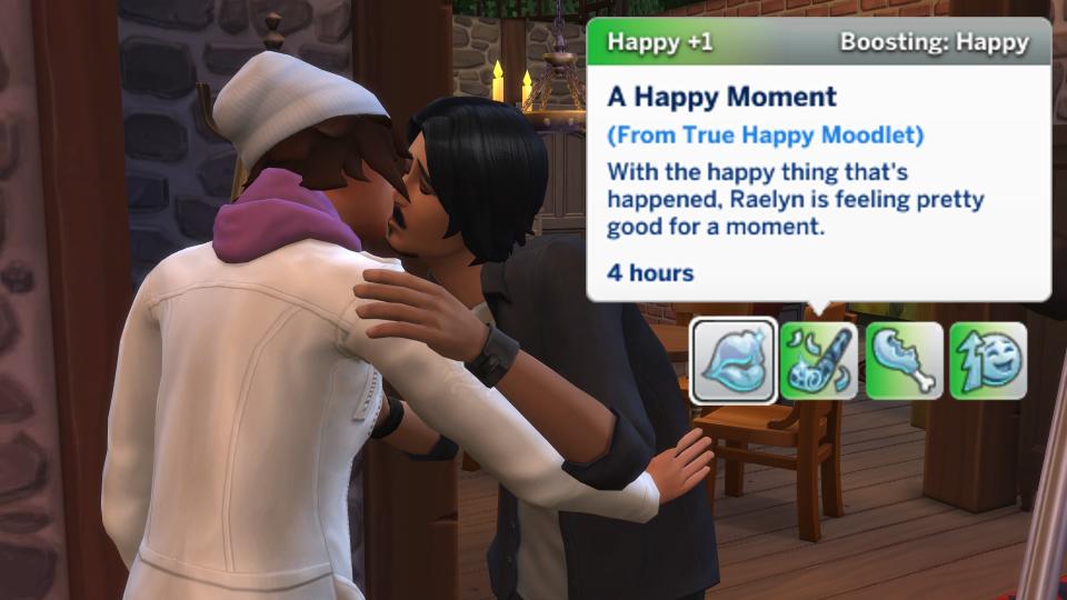 The Sims 4 mod - Meaningful Stories: Two Sims kiss and earn a moodlet called A Happy Moment