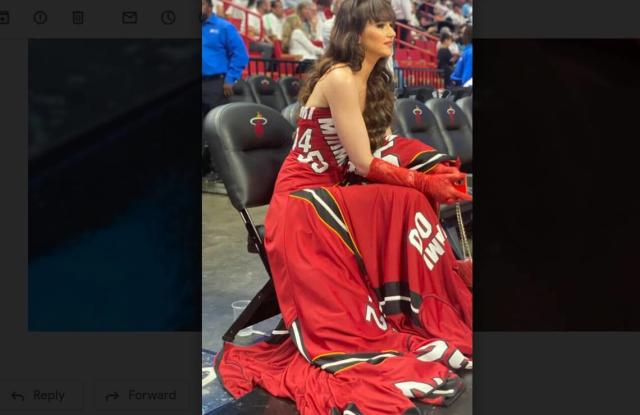 Who is the woman sitting courtside with Heat dress? How opera