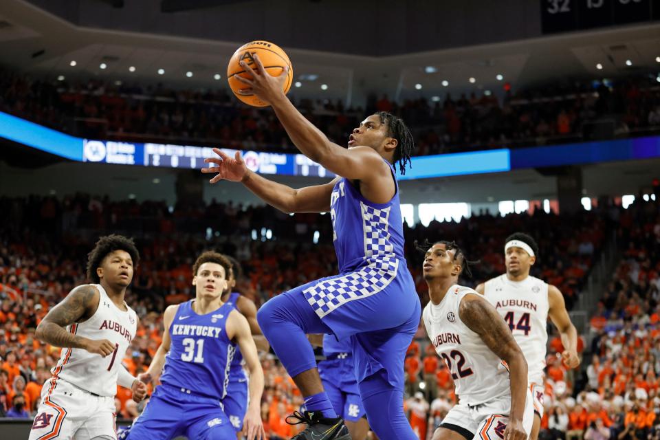 Jan 22, 2022; Auburn, Alabama, USA;  Kentucky Wildcats guard Sahvir Wheeler (2) takes a shot against the Auburn Tigers during the first half at Auburn Arena. Mandatory Credit: John Reed-USA TODAY Sports