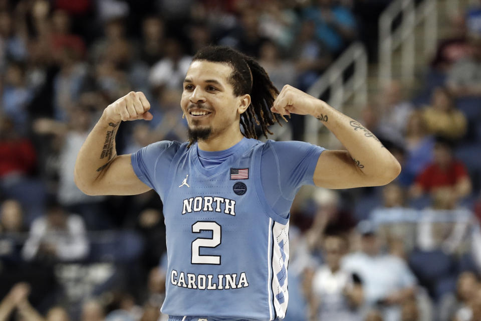 North Carolina guard Cole Anthony (2) reacts during the second half of an NCAA college basketball game against Virginia Tech at the Atlantic Coast Conference tournament in Greensboro, N.C., Tuesday, March 10, 2020. (AP Photo/Gerry Broome)