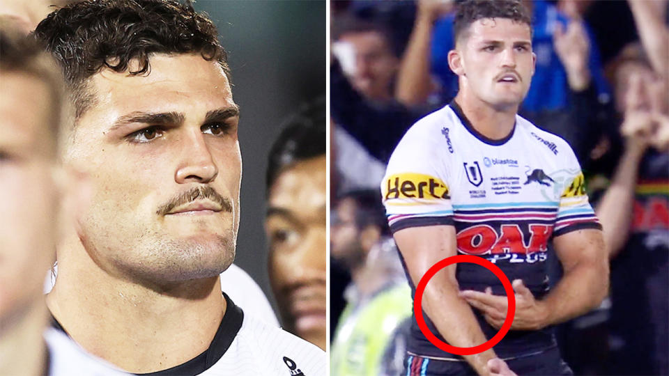 Nathan Cleary, pictured here performing his 'ice in my veins' celebration. 