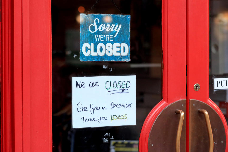 A closed sign outside a cafe in Leicester, on the first day of a second national lockdown for England. (Photo by Mike Egerton/PA Images via Getty Images)