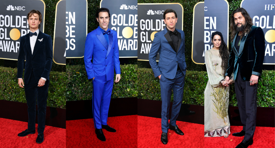 Ansel Elgort, Sacha Baron Cohen, Nicholas Braun, and Jason Momoa in shades of Classic Blue on the red carpet. Images via Getty.