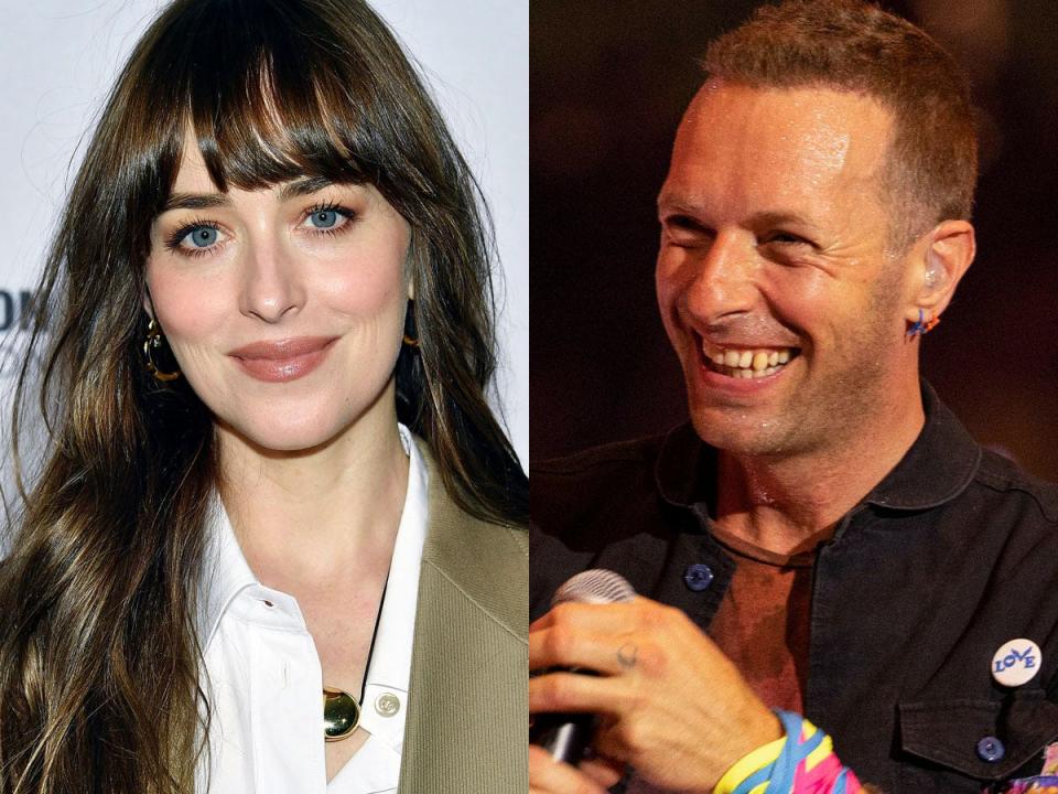 Dakota Johnson, left, at the Hope for Depression Research Foundation luncheon in New York City in November 2023. Chris Johnson, right, performing with Coldplay in Dubai in February 2022.