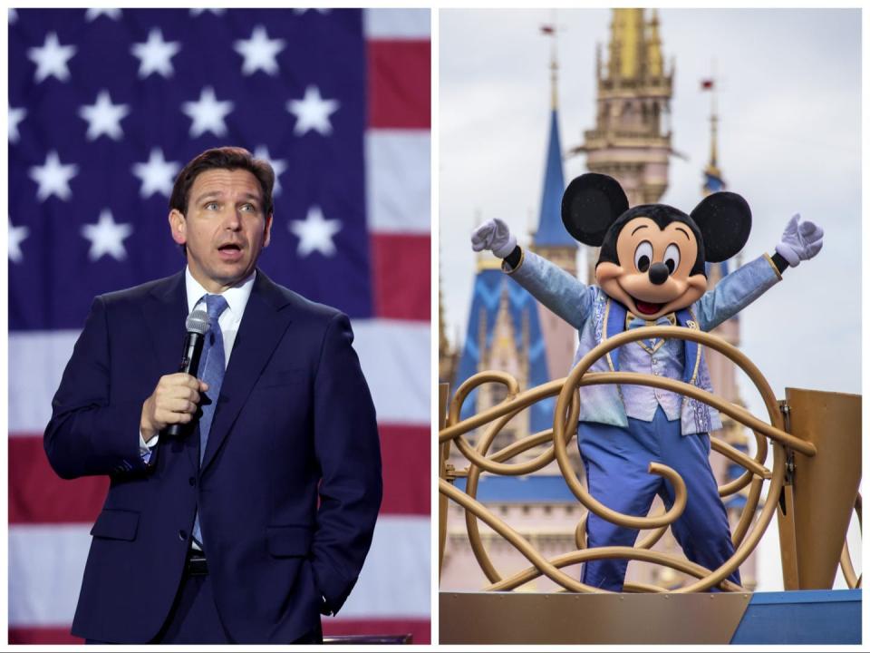 Left: Florida Gov. Ron DeSantis speaks to Iowa voters on March 10, 2023. Right: Mickey Mouse and friends take part in a cavalcade parade on Main Street USA at the Magic Kingdom Park at Walt Disney World.