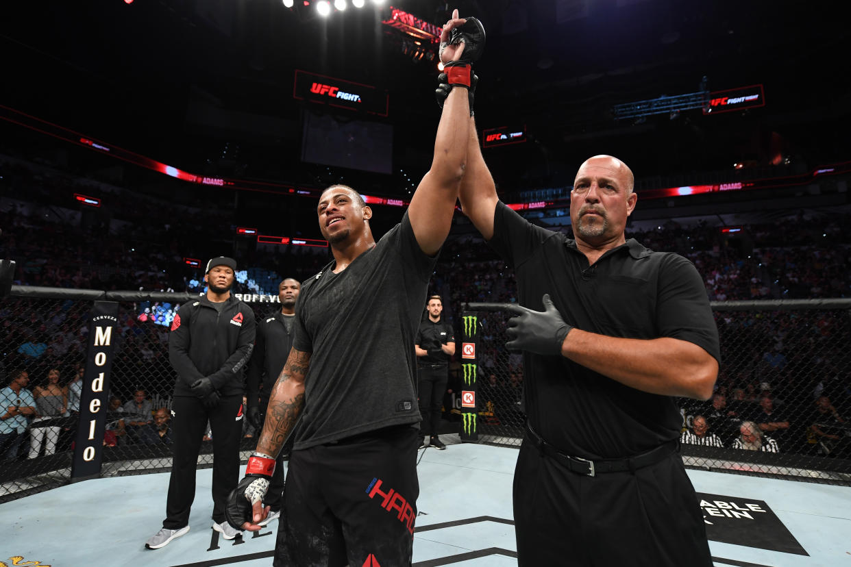 SAN ANTONIO, TEXAS - JULY 20:  Greg Hardy reacts after defeating Juan Adams by TKO in their heavyweight bout during the UFC Fight Night event at AT&T Center on July 20, 2019 in San Antonio, Texas. (Photo by Josh Hedges/Zuffa LLC/Zuffa LLC via Getty Images)