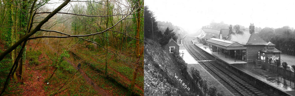Then and now composite photo showing the site of the shut-down former train station at West Meon in Hampshire.