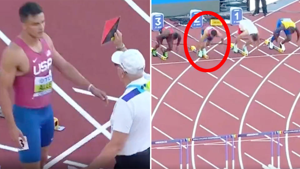 Devon Allen was disqualified after being detected jumping the blocks 0.001 seconds too early at the world athletics championships. Pic: BeIN Sports)