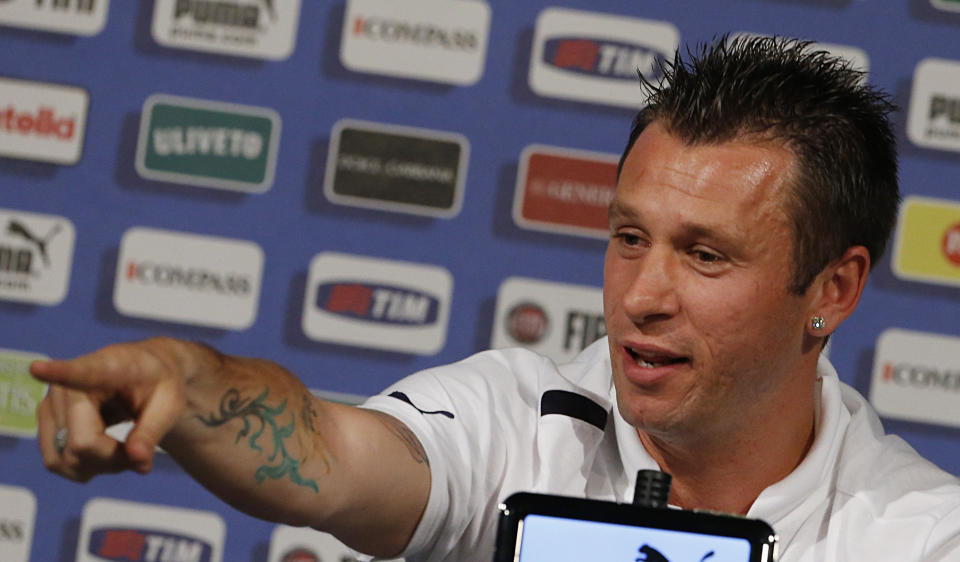 Italy striker Antonio Cassano gestures during a press conference prior to the start of a training session at the Euro 2012 soccer championship in Krakow, Poland, Tuesday, June 12, 2012. (AP Photo/Gregorio Borgia)