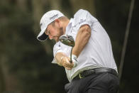 Shane Lowry, of Ireland, hits off the second tee during the third round of the RBC Heritage golf tournament, Saturday, April 16, 2022, in Hilton Head Island, S.C. (AP Photo/Stephen B. Morton)