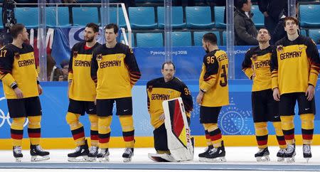 Ice Hockey - Pyeongchang 2018 Winter Olympics - Men Final Match - Olympic Athletes from Russia v Germany - Gangneung Hockey Centre, Gangneung, South Korea - February 25, 2018 - Germany's players react after Olympic Athletes from Russia won the final match. REUTERS/Kim Kyung-Hoon