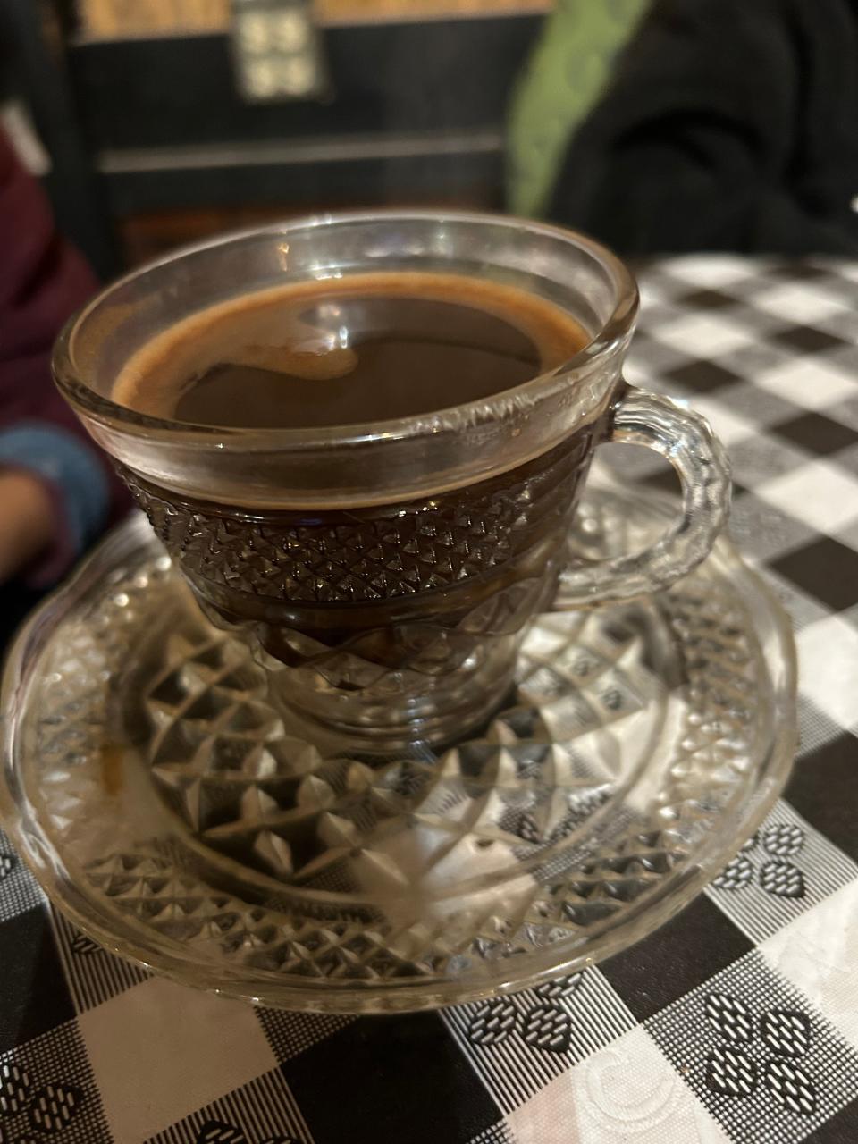 Thick, strong Turkish coffee is offered at Mid-East Cafe and Restaurant in Akron.