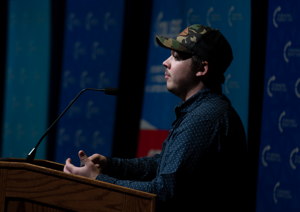Kyle Rittenhouse speaks to a nearly sold out crowd at Kent State University on April 16, 2024.