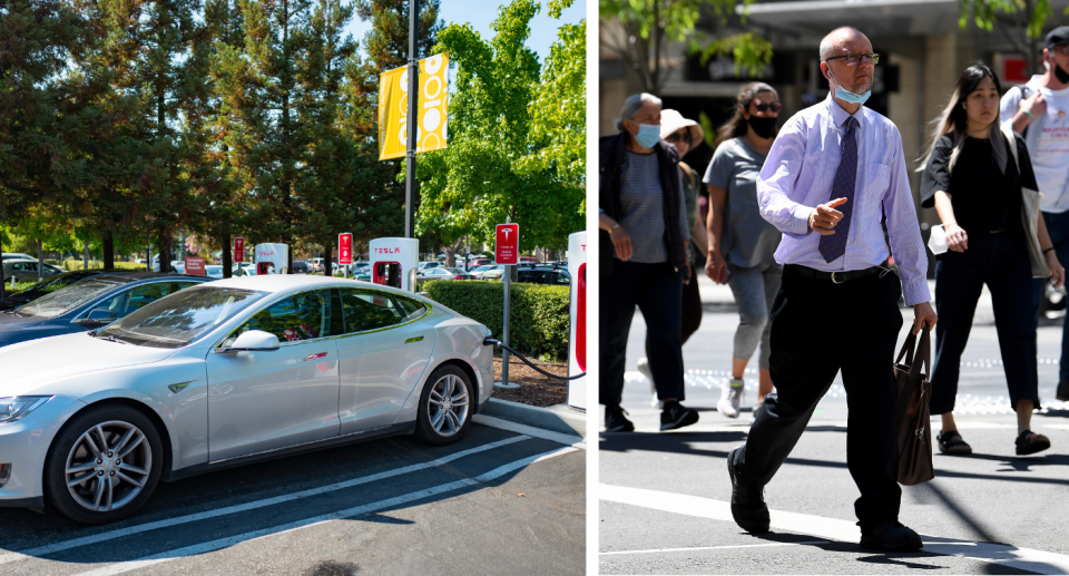 A composite image of an electric vehicle and a crowd of people walking.