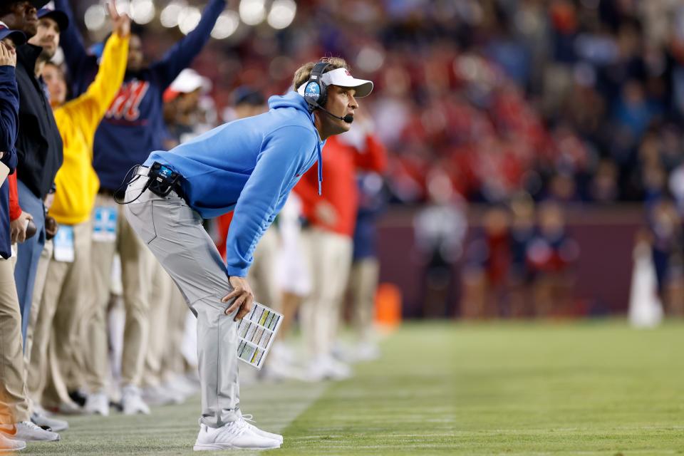 COLLEGE STATION, TEXAS - OCTOBER 29: Head coach Lane Kiffin of the Mississippi Rebels watches a field goal in the first half of the game against the Texas A&M Aggies at Kyle Field on October 29, 2022 in College Station, Texas. (Photo by Tim Warner/Getty Images)