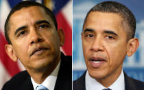 <b>Barack Obama</b> When President Barack Obama took office in 2009, he had dark hair and an unlined face. Four years later, his hair is grayer and his face is lined. <br> <br> (Left: Mannie Garcia/AP Photo; Right: Manuel Balce Ceneta/AP Photo)