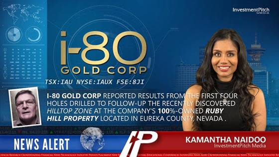 i-80 Gold Corp reported results from the first four holes drilled to follow-up the recently discovered Hilltop Zone at the Company's 100%‑owned Ruby Hill Property located in Eureka County, Nevada .: i-80 Gold Corp reported results from the first four holes drilled to follow-up the recently discovered Hilltop Zone at the Company