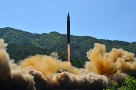 FILE PHOTO: The intercontinental ballistic missile Hwasong-14 is seen during its test in this undated photo released by North Korea's Korean Central News Agency (KCNA) in Pyongyang, North Korea July 5 2017. To Match Special Report USA-NUCLEAR/ICBM KCNA/via REUTERS