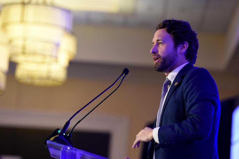 In this Monday, Feb. 24, 2020 photo, U.S. Rep. Joe Cunningham, D-S.C., speaks at a South Carolina Democratic Party dinner in Charleston, S.C. (AP Photo/Meg Kinnard)