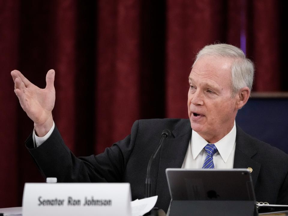 Sen. Ron Johnson (R-WI) speaks during a panel discussion titled COVID 19: A Second Opinion in the Kennedy Caucus Room of the Russell Senate Office Building on Capitol Hill on January 24, 2022 in Washington, DC.