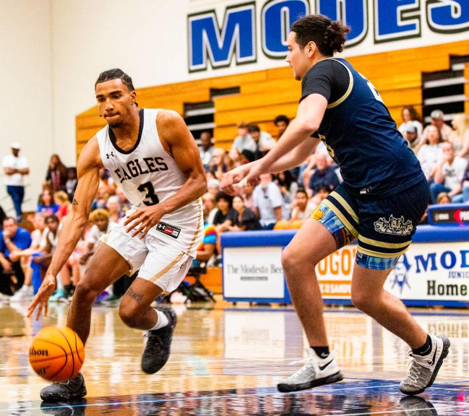 Kevin King of Enochs High drives to the hoop during the Six-County All-Star Basketball Game at Modesto Junior College in Modesto, Calif., Saturday, April 29, 2023.