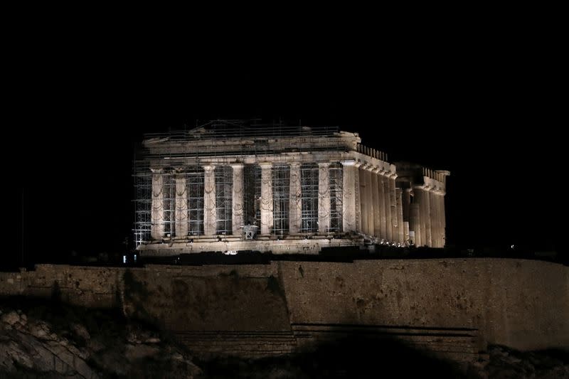 The ancient Acropolis hill is illuminated with new revamped, detailed lighting system, in Athens