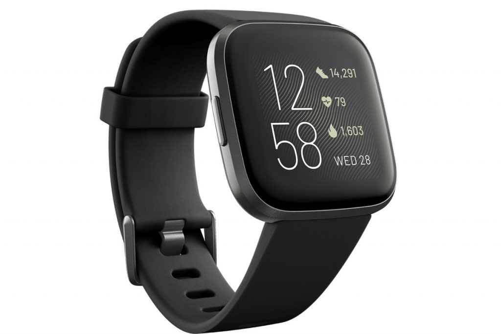 The Fitbit Versa 2 smartwatch is photographed. 