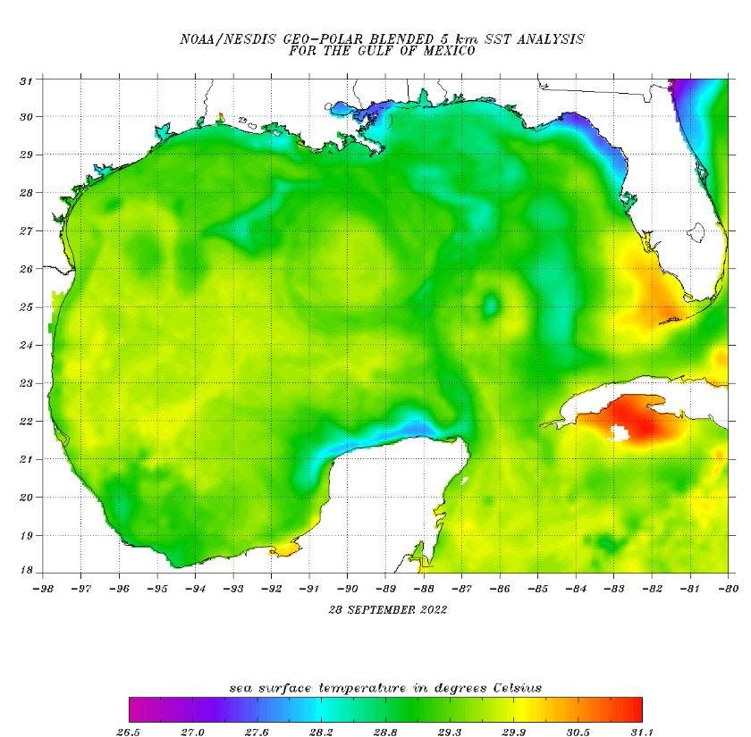 Water temperatures along Ian's Path included two hot pockets south of western Cuba and off the coast of southwest Florida.