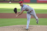 Los Angeles Angels starting pitcher Reid Detmers delivers during the first inning of a baseball game against the Cleveland Guardians, Monday, Sept. 12, 2022, in Cleveland. (AP Photo/David Dermer)