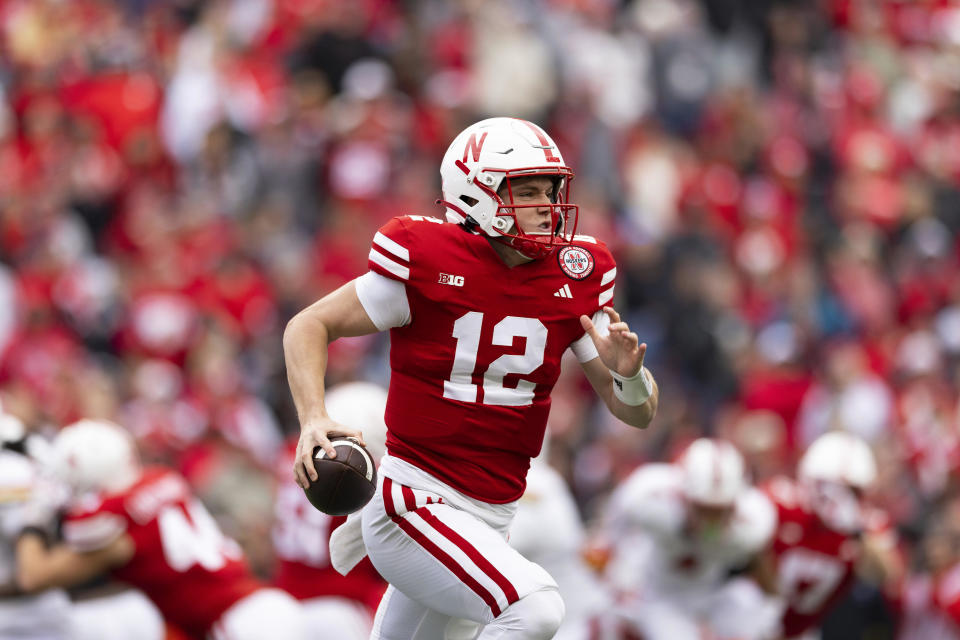 Nebraska quarterback Chubba Purdy (12) rushes against Maryland during the second half of an NCAA college football game Saturday, Nov. 11, 2023, in Lincoln, Neb. (AP Photo/Rebecca S. Gratz)