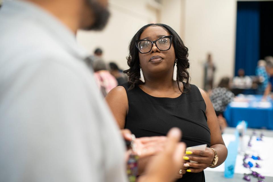 Jul 28, 2023; Columbus, Ohio, USA; State Rep. Latyna Humphrey talks to participants at a senior community resource fair.