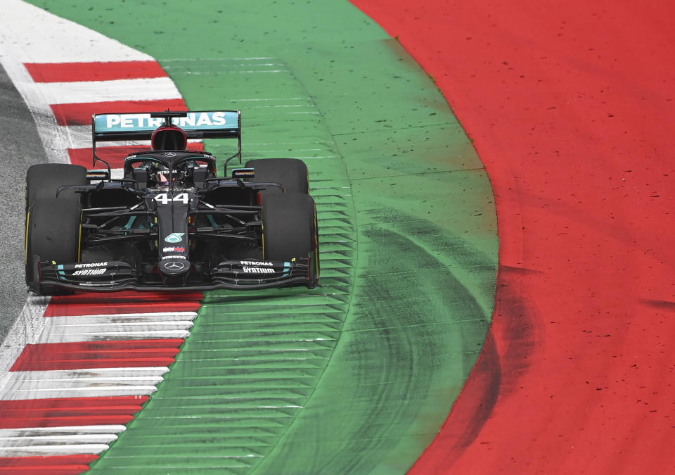 Mercedes driver Lewis Hamilton of Britain steers his car during the second practice session at the Red Bull Ring racetrack in Spielberg, Austria, Friday, July 3, 2020. The Austrian Formula One Grand Prix will be held on Sunday. (Joe Klamar/Pool via AP)