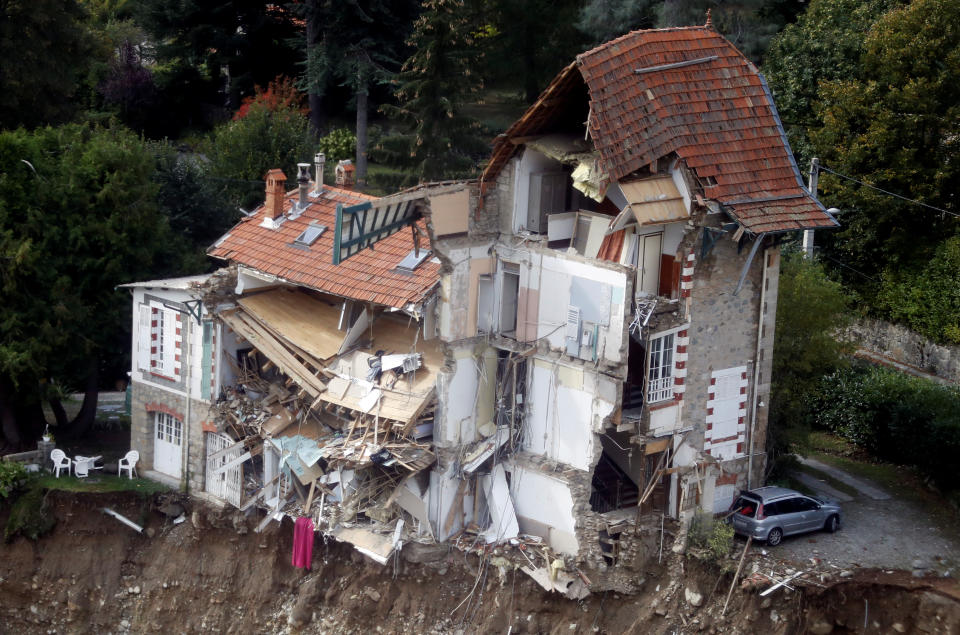 Damaged houses in Saint-Martin-Vesubie, southern France.