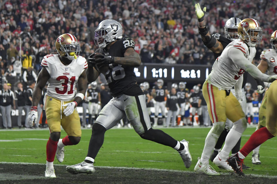 Las Vegas Raiders running back Josh Jacobs (28) runs into the end zone to score a touchdown during the second half of an NFL football game between the San Francisco 49ers and Las Vegas Raiders, Sunday, Jan. 1, 2023, in Las Vegas. (AP Photo/David Becker)