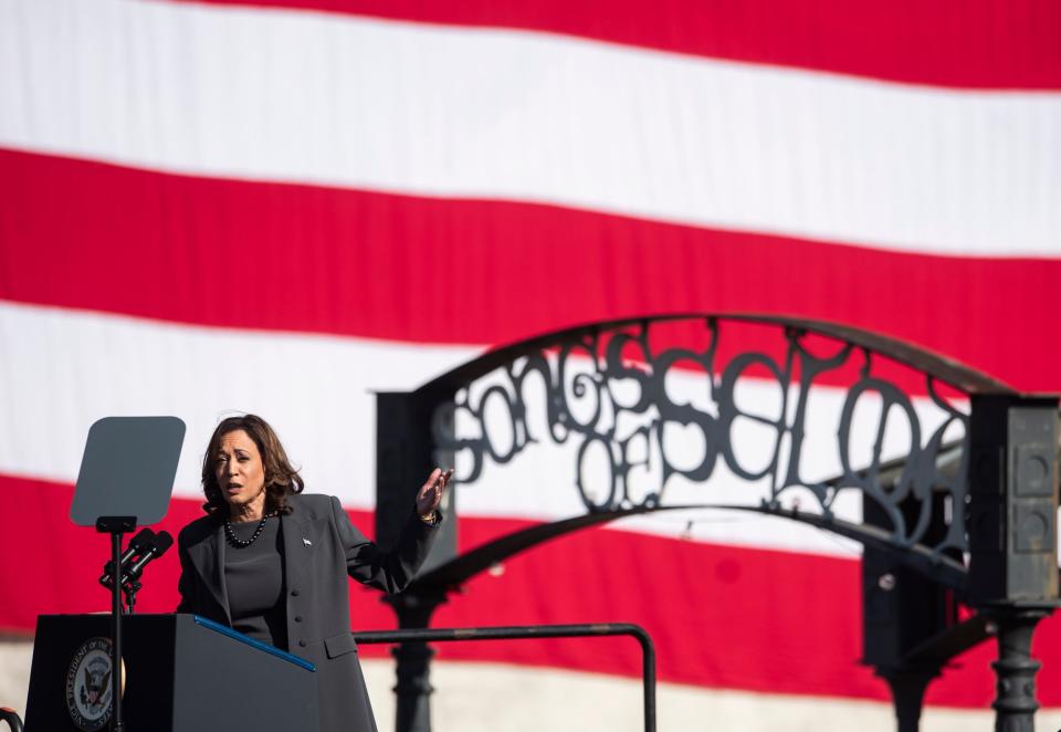 Vice President Kamala Harris speaks during the 59th Annual Bloody Sunday Bridge Crossing Jubilee in Selma, Ala., on Sunday, March 3, 2024.