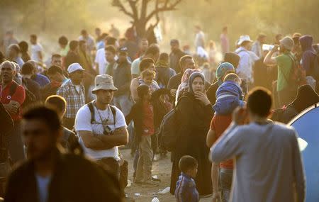 A new group of more than a thousand immigrants wait at the border line of Macedonia and Greece to enter into Macedonia near Gevgelija railway station August 20, 2015. REUTERS/Ognen Teofilovski