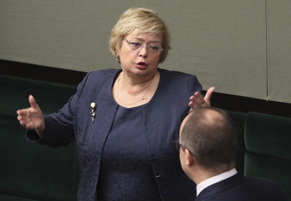 In this photo taken Nov. 12, 2019 in Poland's parliament in Warsaw, Poland, the head of Poland's Supreme Court, Malgorzata Gersdorf,left, talks to Poland's Ombudsman Adam Bodnar. On Tuesday, 19 November 2019, Gersdorf greeted as success a ruling by the European Court of Justice that tasked Poland's Supreme Court with vetting the legality of its new, politically-appointed Disciplinary Chamber. The Supreme Court had sought the EU's court's ruling on the matter. (AP Photo/Czarek Sokolowski)