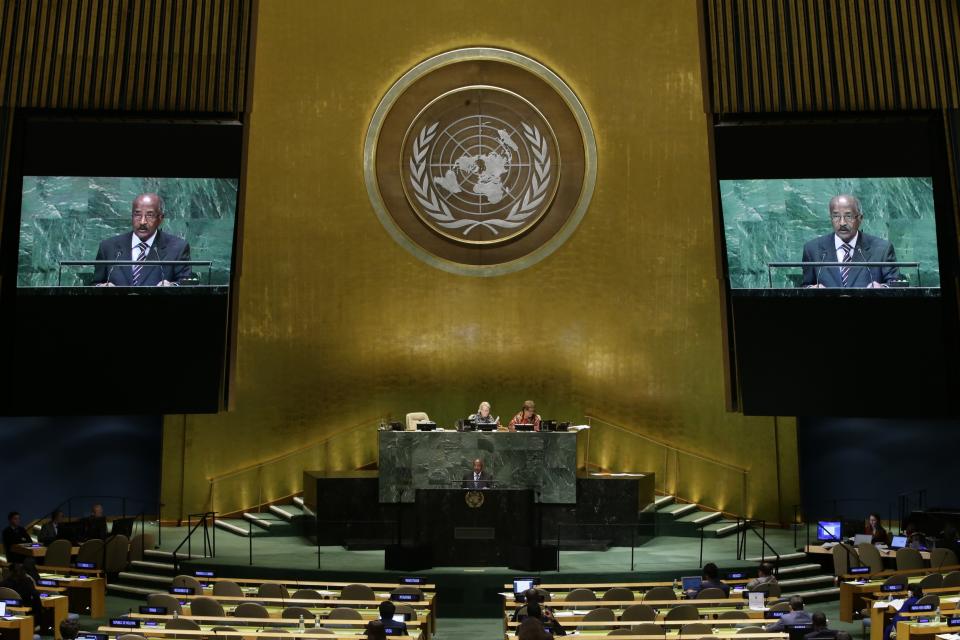 Foreign Minister for Eritrea, Osman Mohammed Saleh, addresses the 73rd session of the United Nations General Assembly Saturday, Sept. 29, 2018, at the United Nations headquarters. (AP Photo/Frank Franklin II)