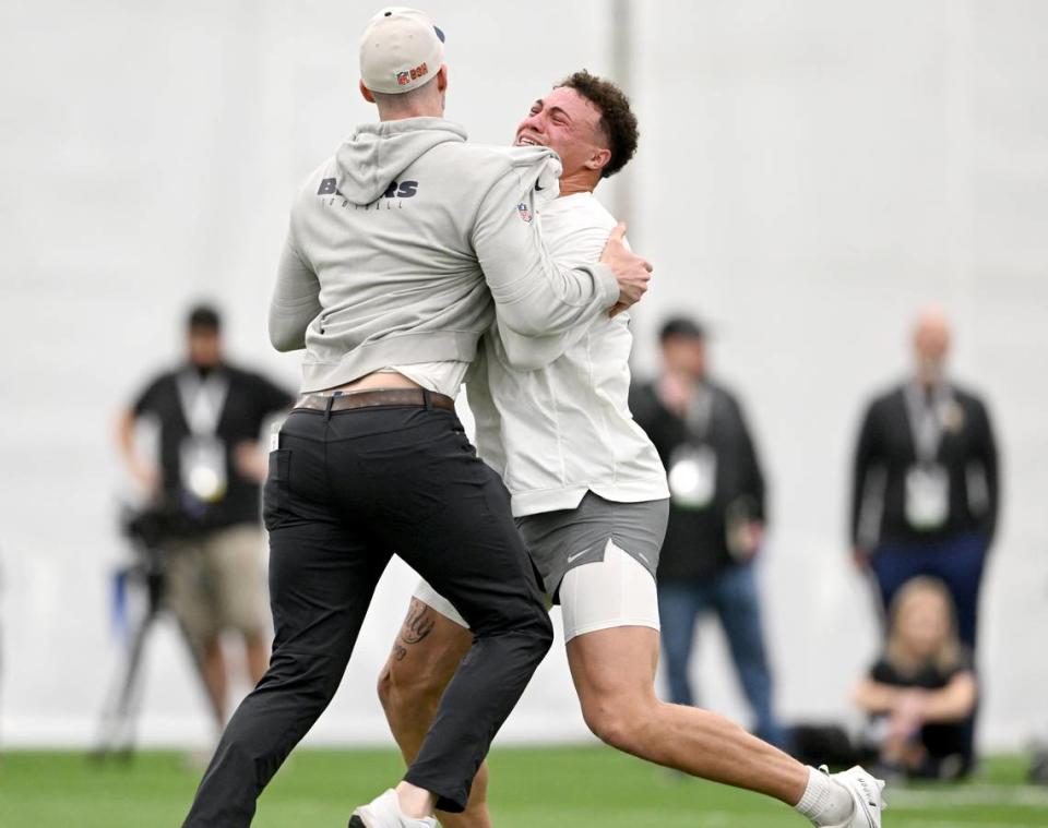 Tight end Theo Johnson runs a drill with an NFL scout during Penn State’s Pro Day on Friday, March 15, 2024 in Holuba Hall.