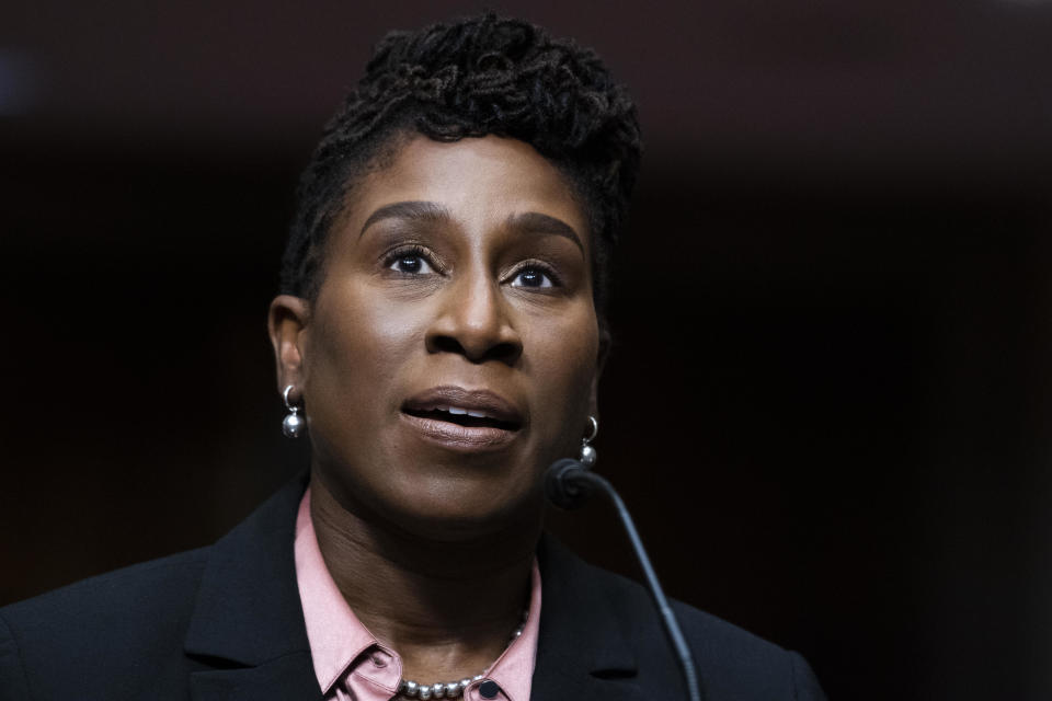 Judge Candace Jackson-Akiwumi speaks during a Senate Judiciary Committee confirmation hearing on Wednesday, April 28, 2021. / Credit: Tom Williams/CQ Roll Call/Bloomberg via Getty Images