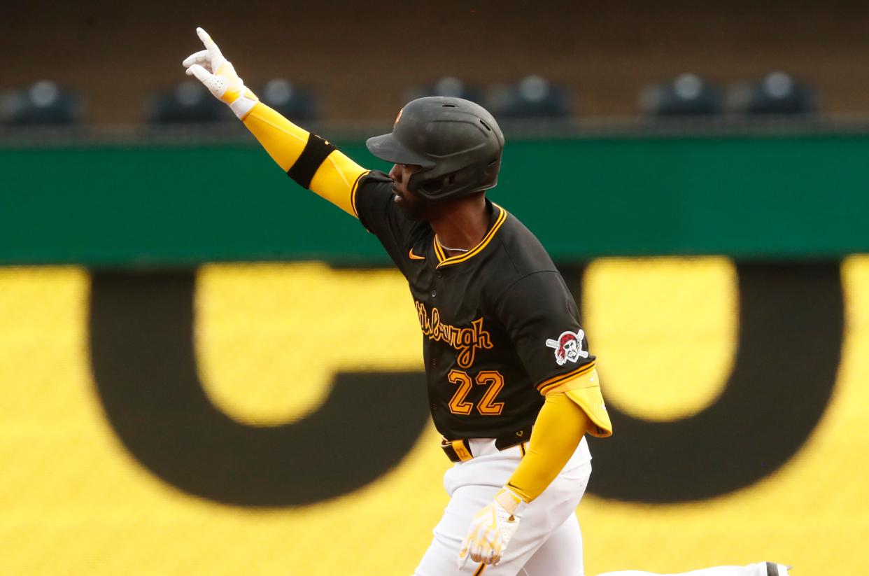 Pirates designated hitter Andrew McCutchen reacts as he circles the bases after hitting a home run leading off the bottom of the first inning against the Brewers on Tuesday night.