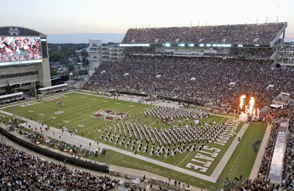 Mississippi State players prepare to take the field at Davis Wade Stadium before their NCAA college football game against Auburn on Saturday, Oct. 6, 2018, in Starkville, Miss. (AP Photo/Jim Lyle)