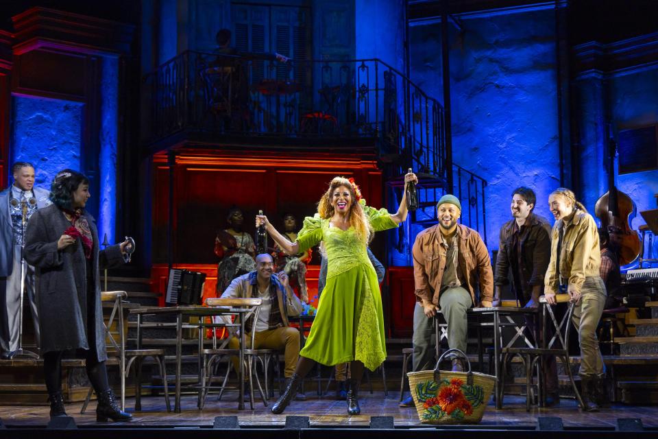 Lana Gordon, center, plays Persephone in the touring production of the Tony Award-winning musical “Hadestown.”