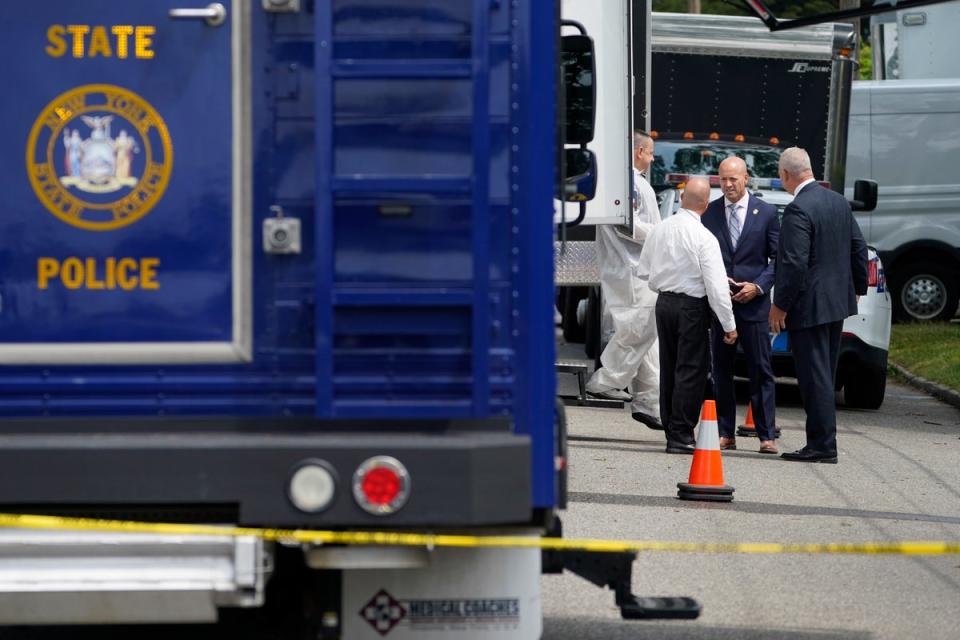 Authorities search the home of suspect Rex Heuermann, Tuesday, July 18, 2023, in Massapequa Park, N.Y (Copyright 2023 The Associated Press. All rights reserved.)