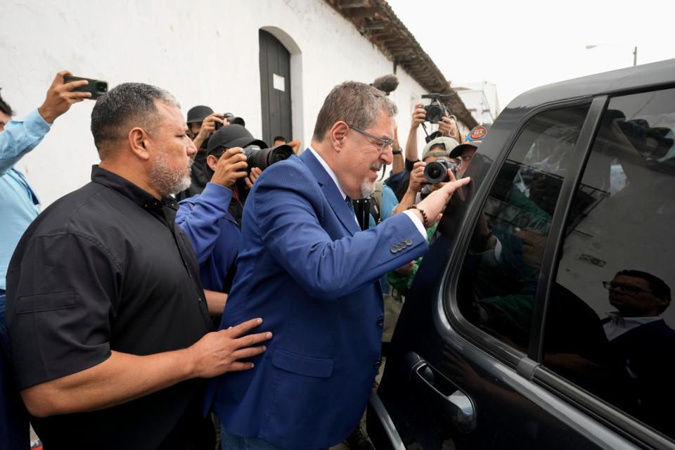 Bernardo Arevalo, presidential candidate with the Seed Movement party, enters a car after giving a press conference in Guatemala City, on July 13, 2023.