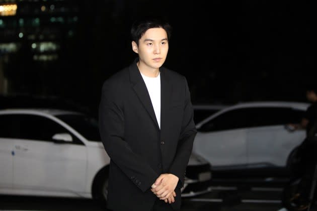 BTS Member Suga arrives at the Yongsan police station on Aug. 23, 2024 in Seoul, South Korea.  - Credit: Chung Sung-Jun/Getty Images